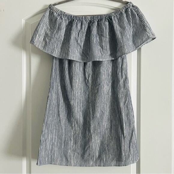 J. Crew Blue and White Cotton Off the Shoulder Ruffles Short Mini Dress- Size S - Picture 2 of 8